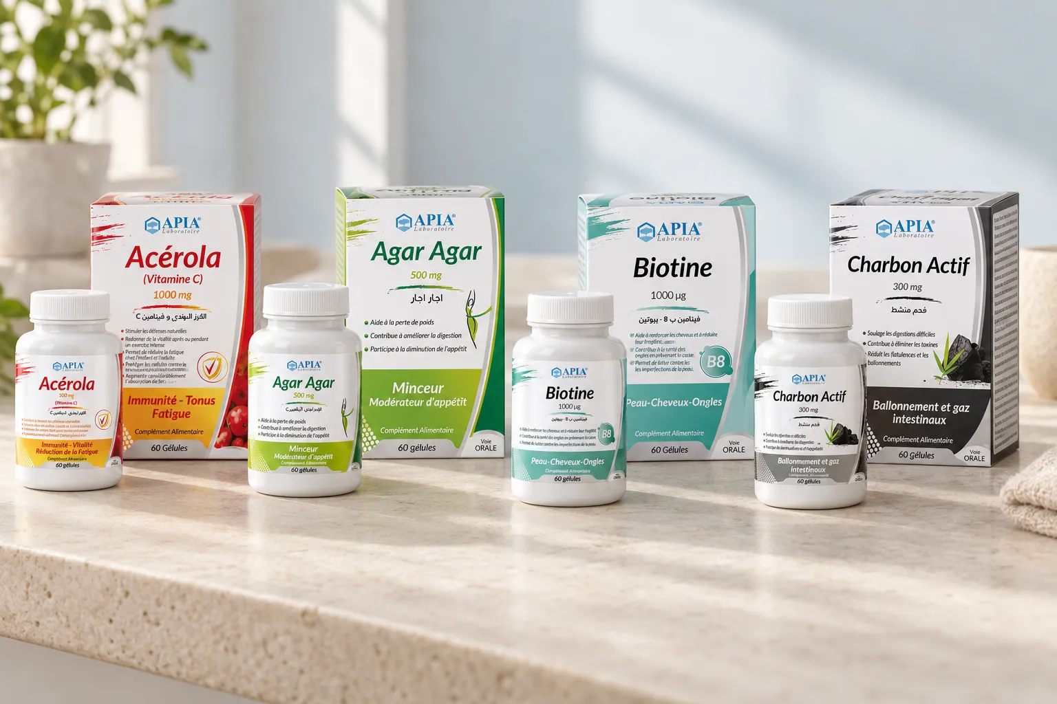 Bouteilles et boîtes APIA Acérola, Agar Agar, Biotine et Charbon Actif