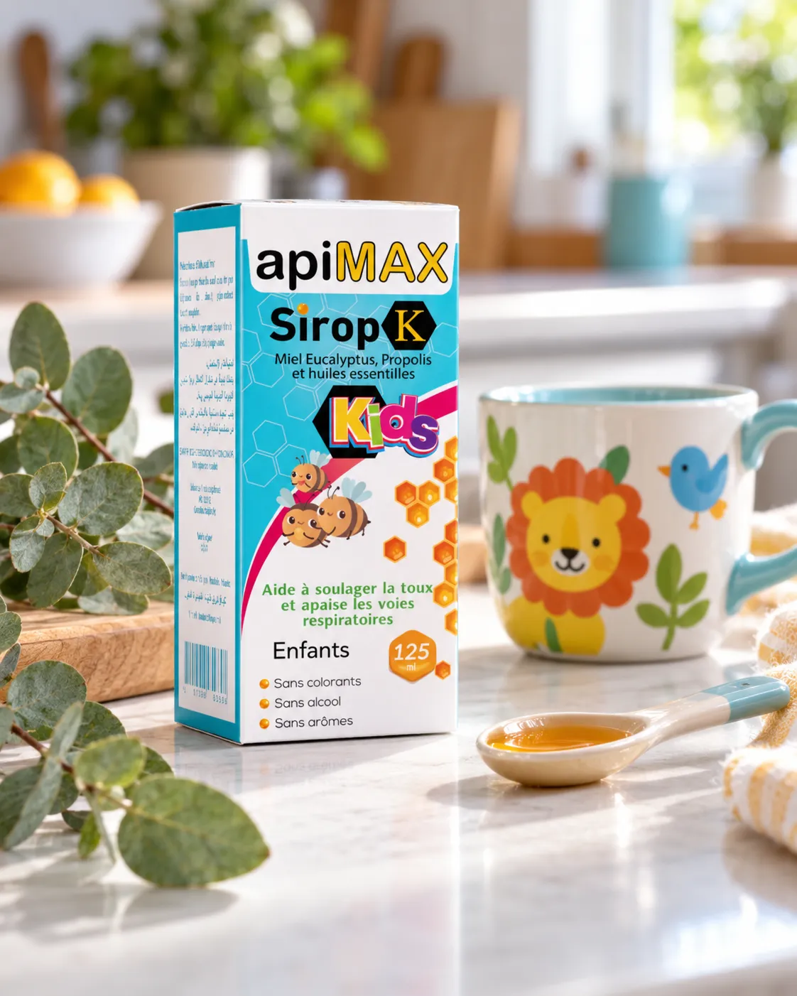APIMAX Sirop K Kids — miel d’eucalyptus, mise en scène