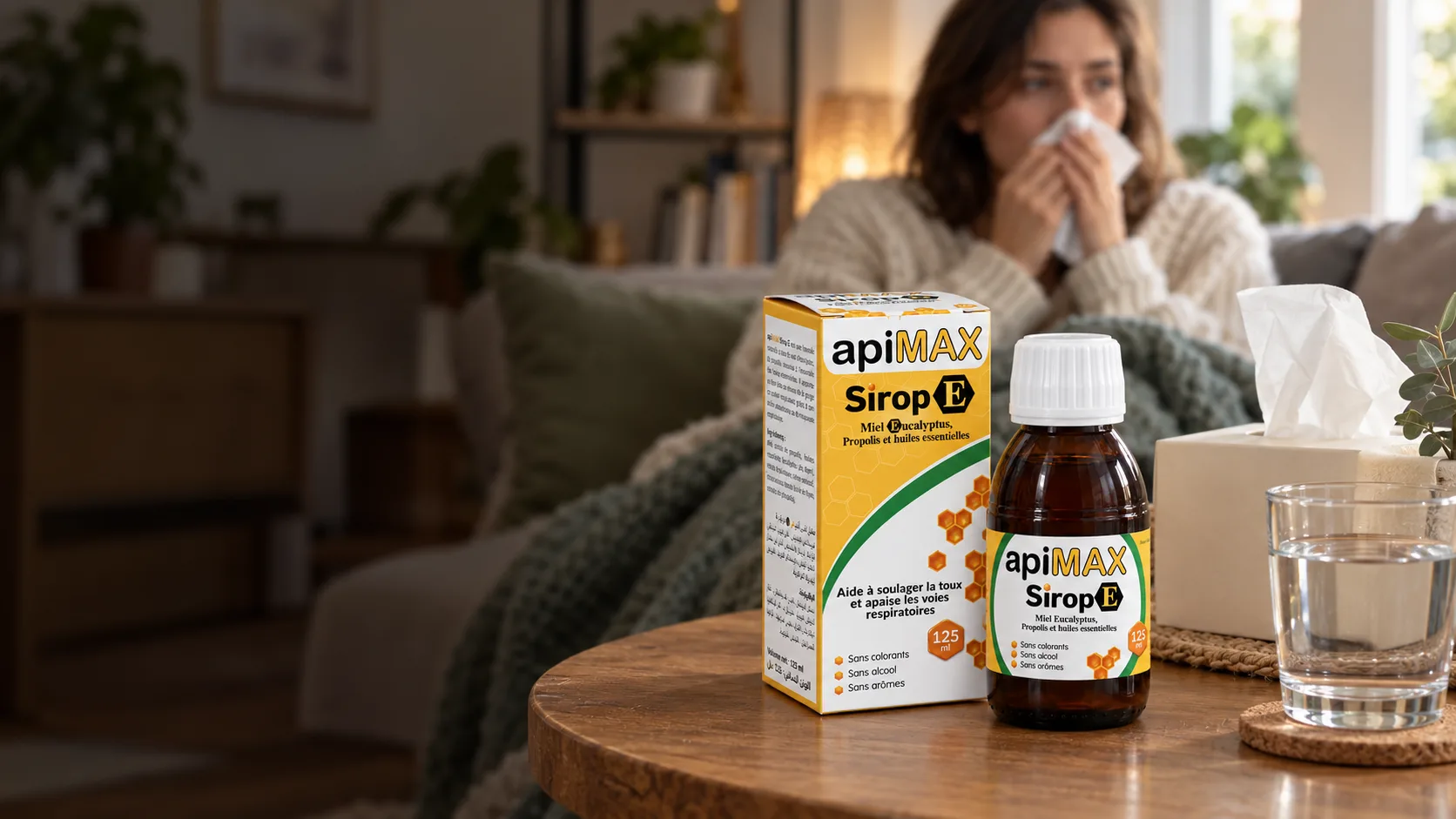APIMAX Sirop E sur une table, près d’une boîte à mouchoirs, dans un salon.
