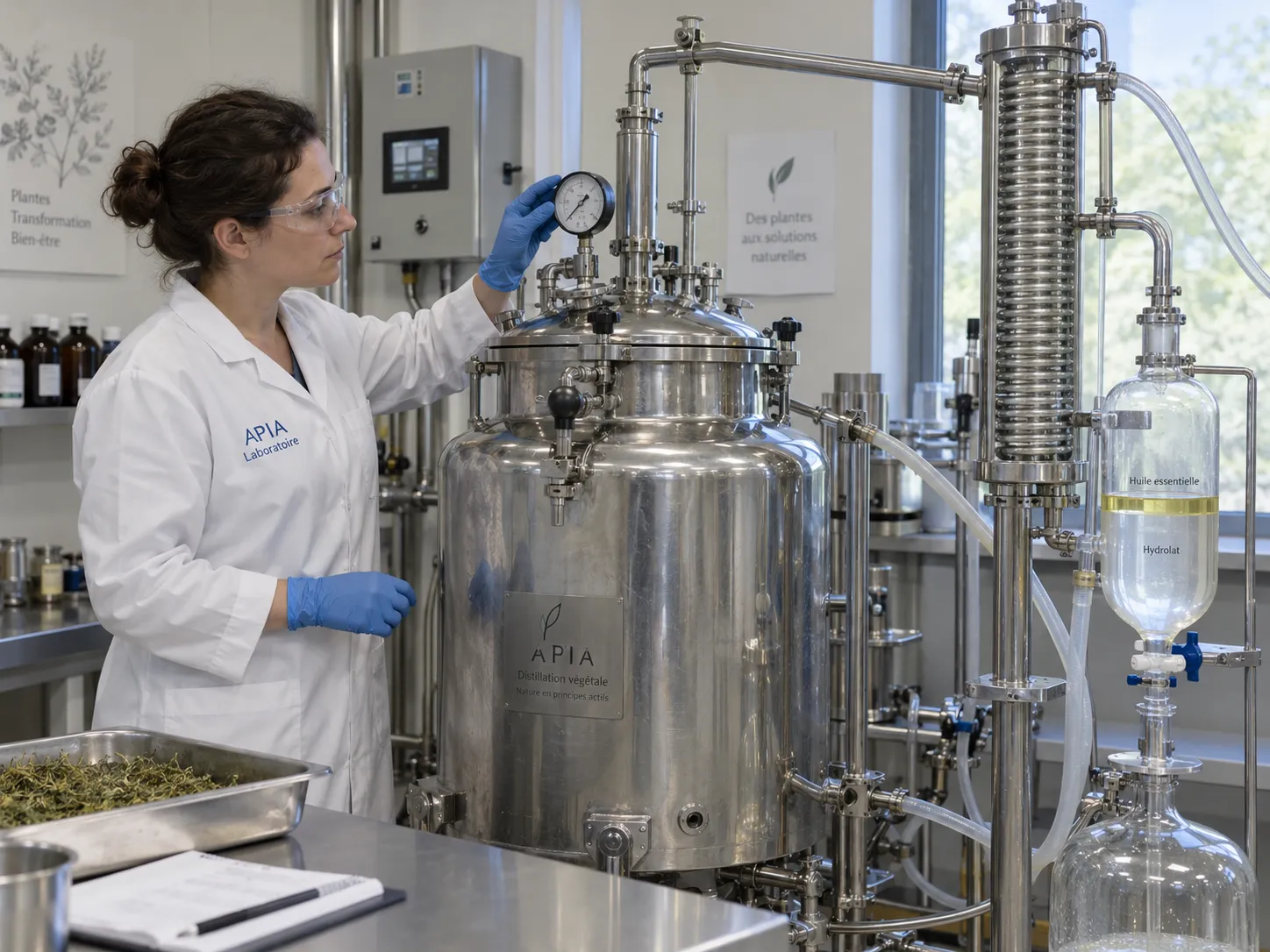 Distillation en inox au laboratoire, avec une opératrice en blouse APIA