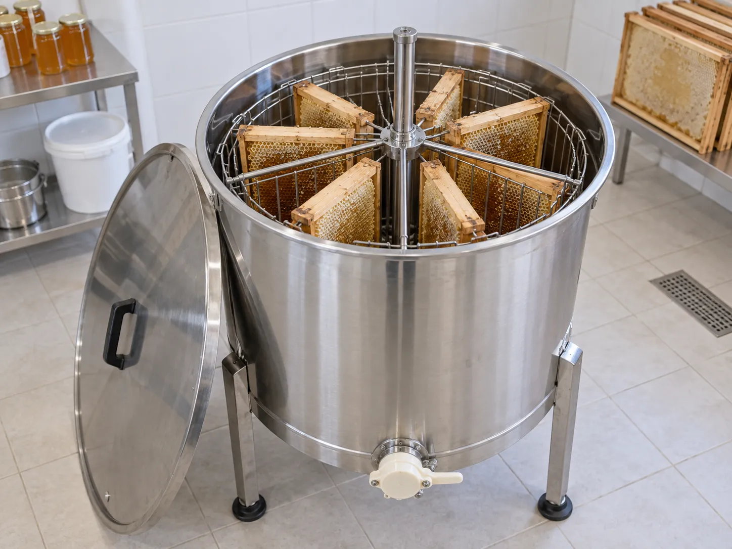Cadre de miel dans un extracteur en inox