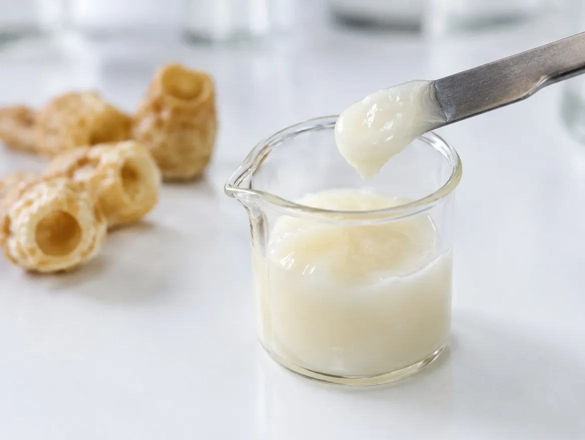 Gelée royale fraîche prélevée à la spatule dans un bécher