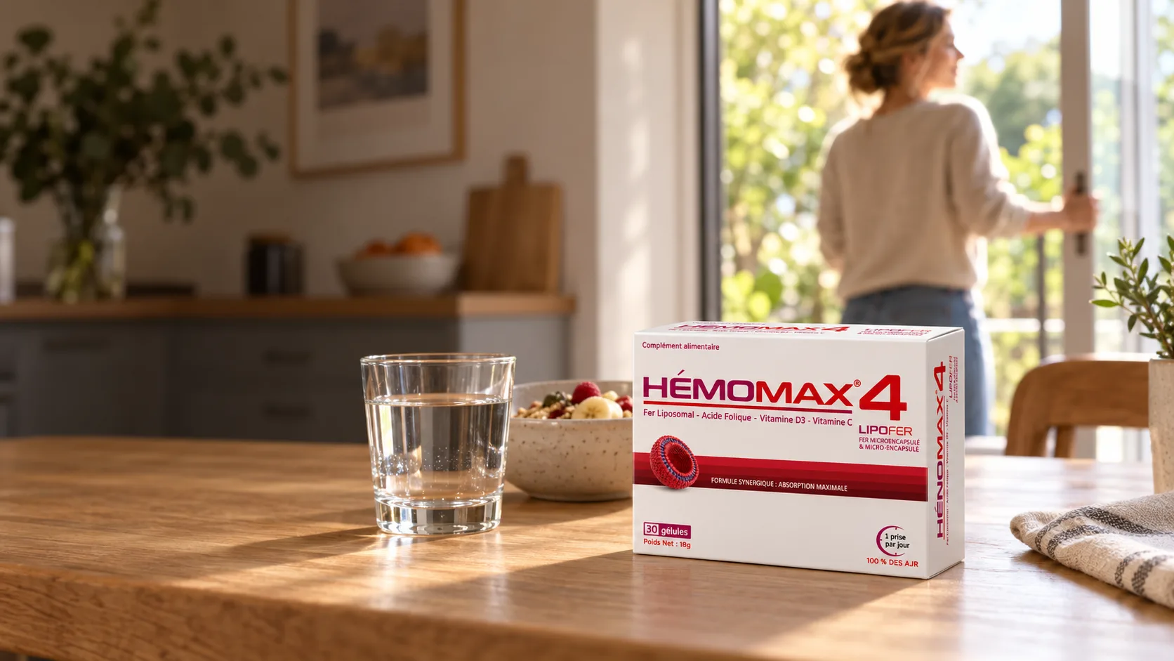 HÉMOMAX 4 sur une table de petit-déjeuner éclairée par la lumière du matin.