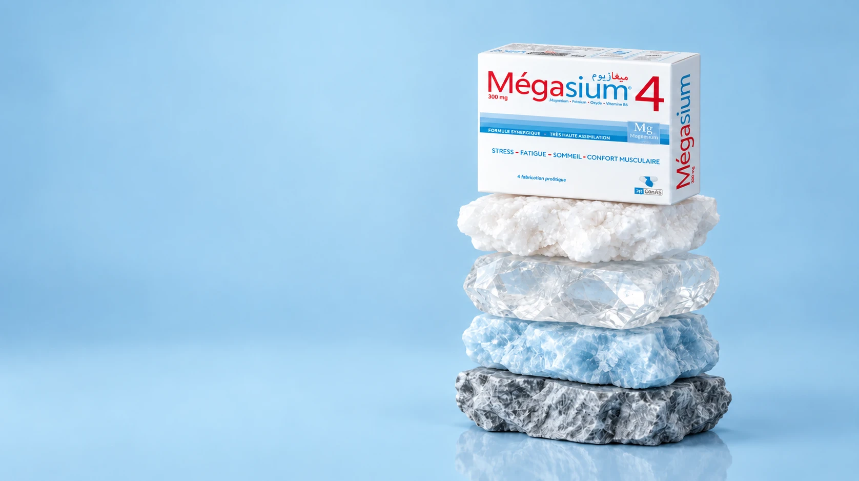 MÉGASIUM 4, boîte 300 mg présentée sur quatre socles minéraux