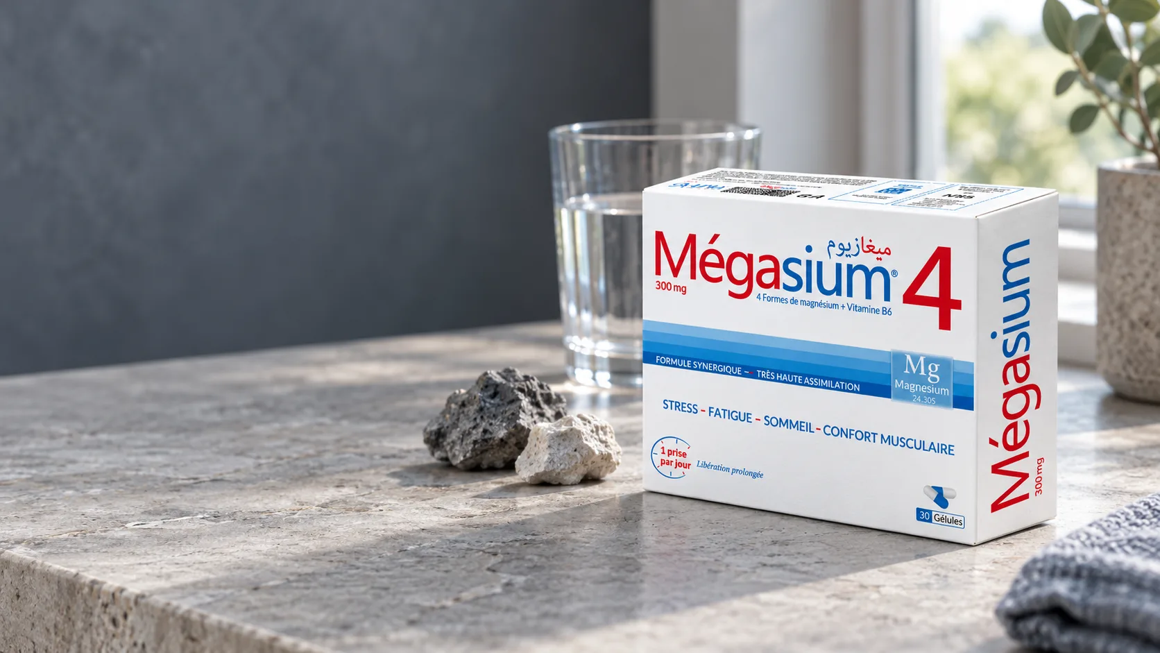 MÉGASIUM 4 sur une surface minérale, avec des pierres brutes et un verre d’eau.