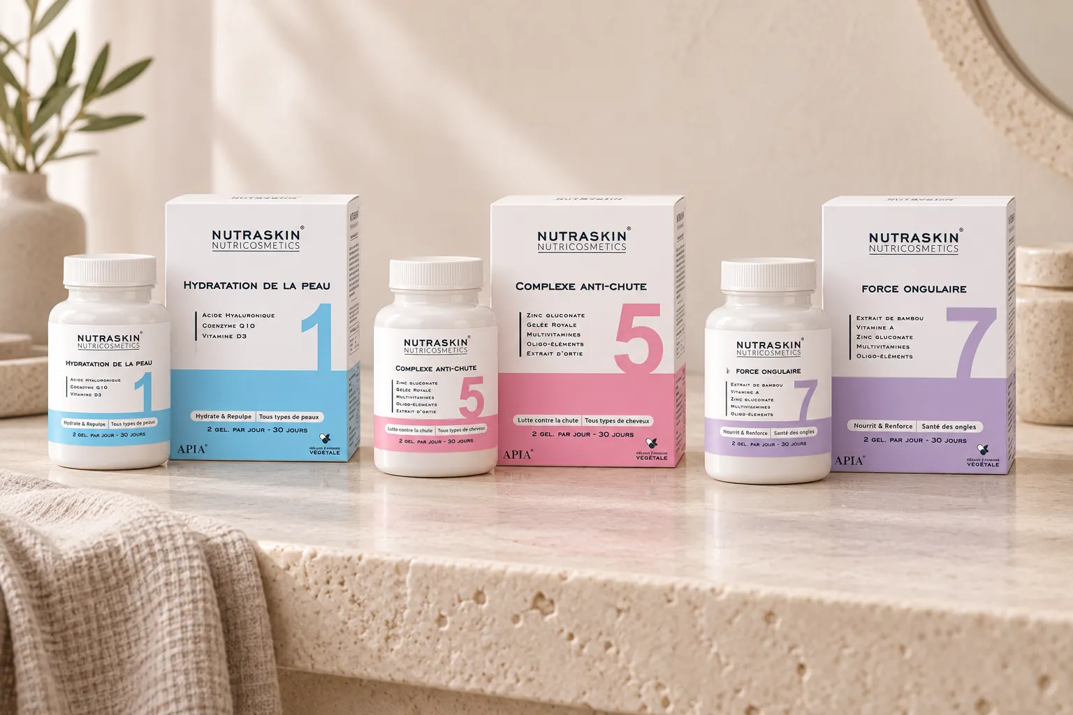 Collection Nutraskin : Hydratation de la peau, Complexe anti-chute et Force ongulaire