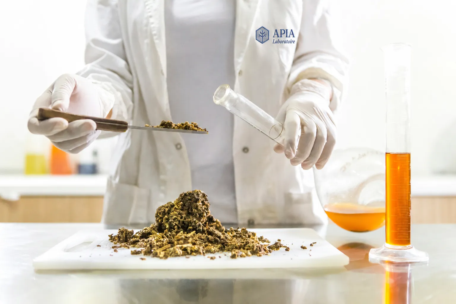 Propolis brute et extrait en éprouvette au laboratoire